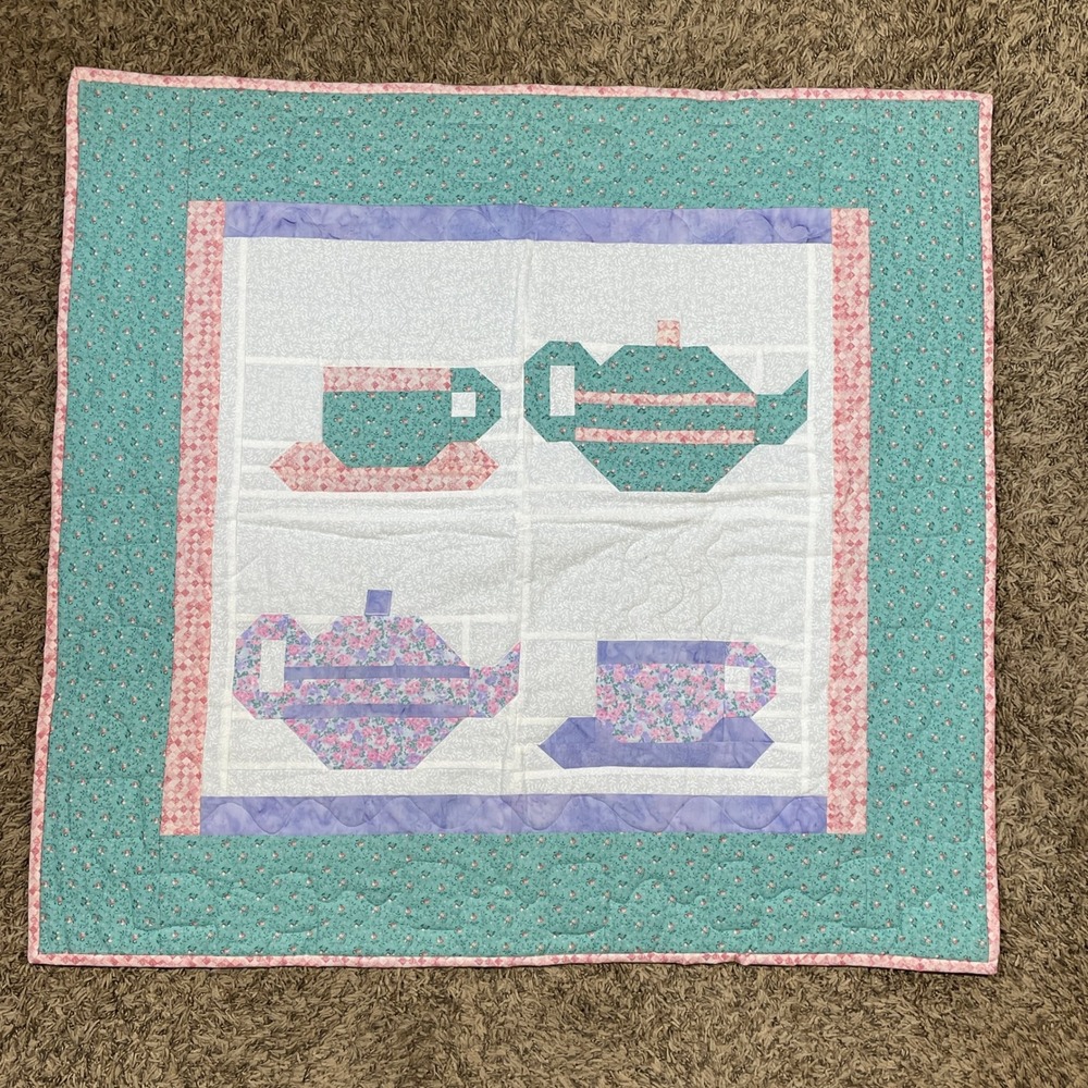 Handmade Quilt Tea cup Decor Teapot Cup Floral Pink Green blue 33" x 35"